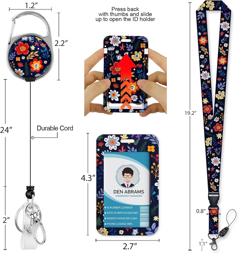 Piefly Lanyards for Id Badges, Vintage Floral Flowers Badge Holder with Retractable Reel Belt Clip, Work Name Tag Lanyard Vertical ID Card Protector Case for Women Nurse Doctor Teacher Student - Image 5